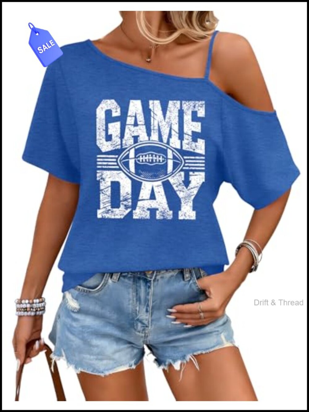 Women's Game Day Football Off Shoulder Tee Retro Graphic Shirt